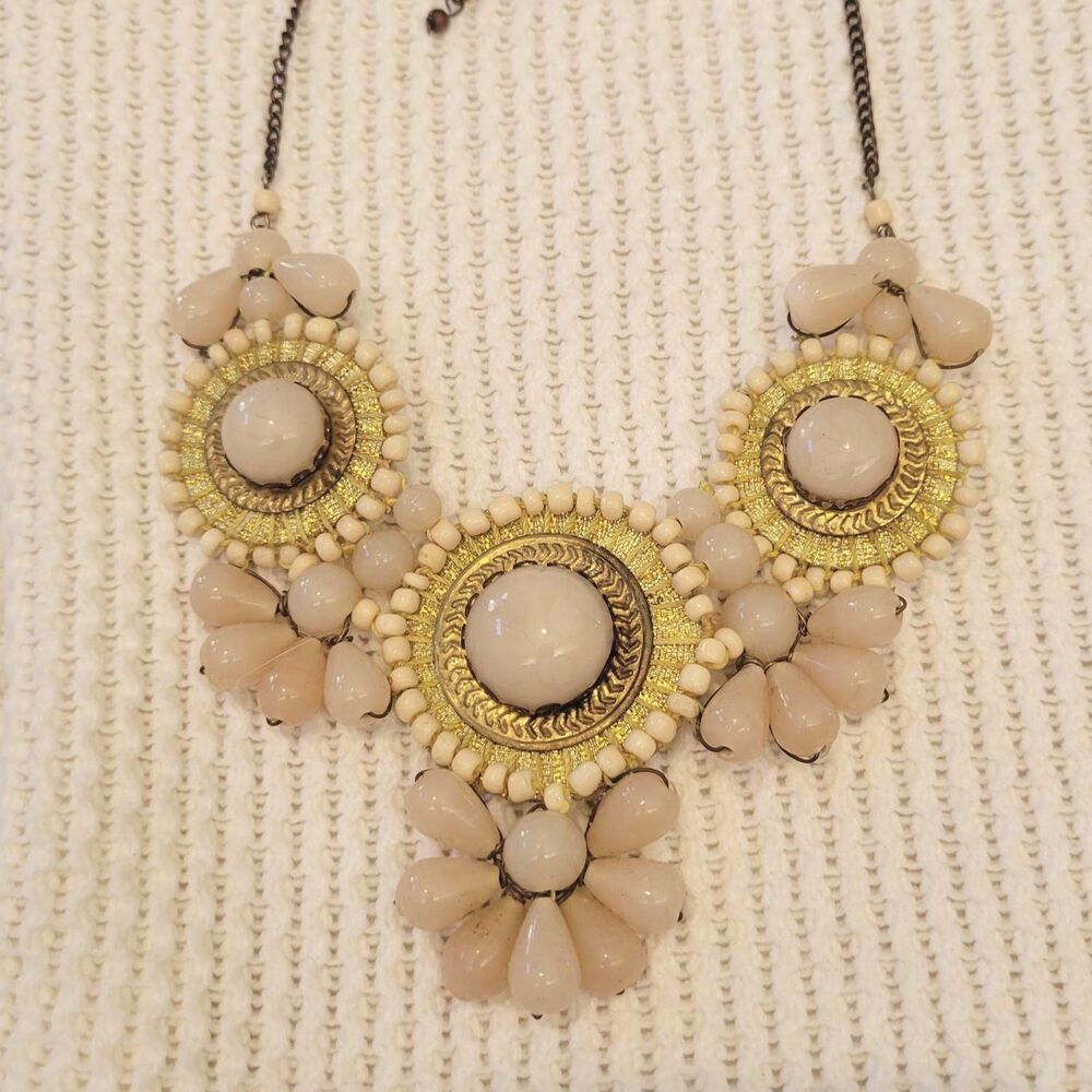 Pink & Gold Statement Bib Necklace with Lotus Stamps - 1970s